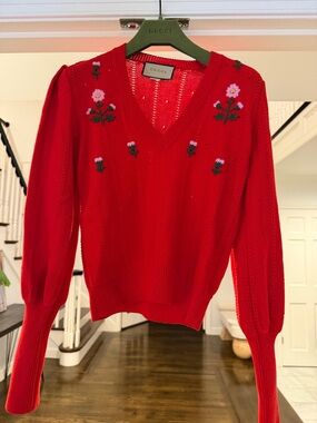 Gucci Red V-Neck Sweater with Pink Floral Embroidery